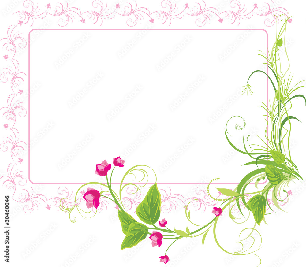Sprig with pink flowers. Frame. Vector