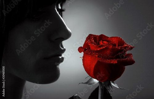 Woman with red rose, macro, black white and red rose
