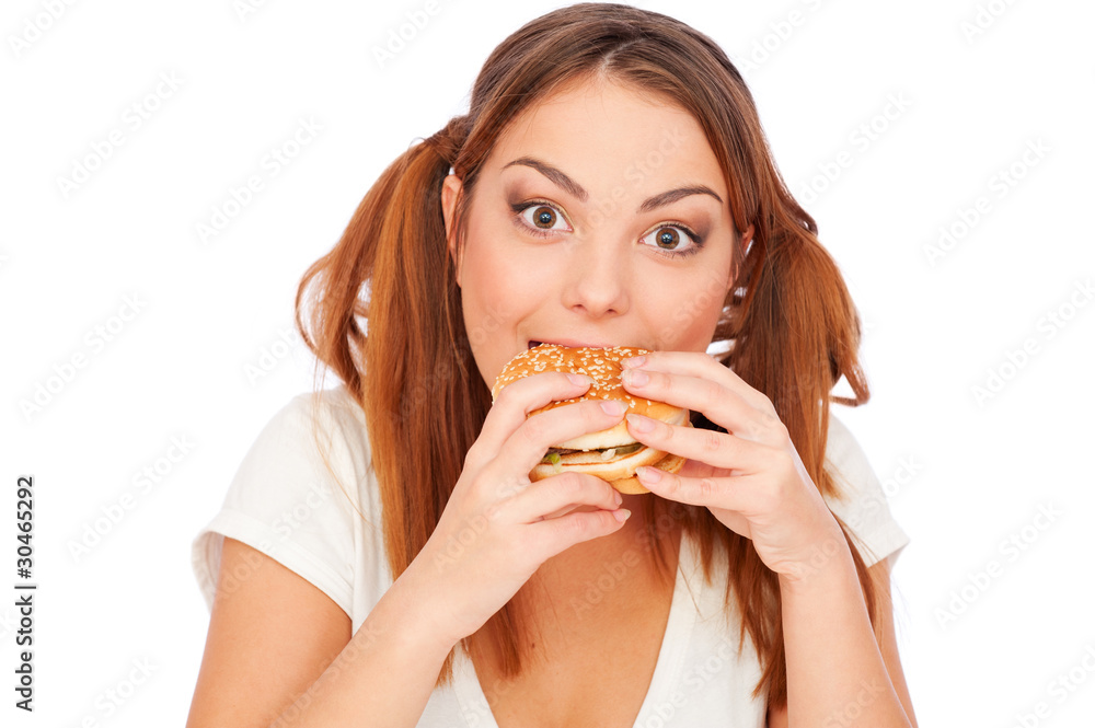 woman with burger. isolated on white woman with burger. isolated on white