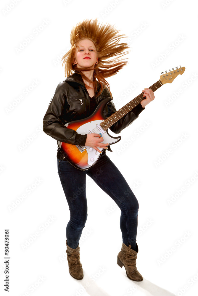 Rocker Chick with Electric Guitar Tossing her Hair