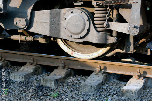 Train wheels on rails, closeup