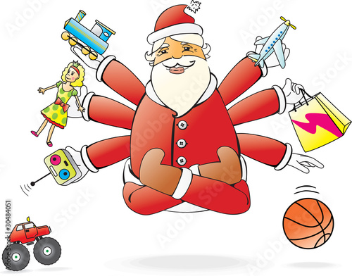 Santa Claus flying like yoga and like Shiva is very generous