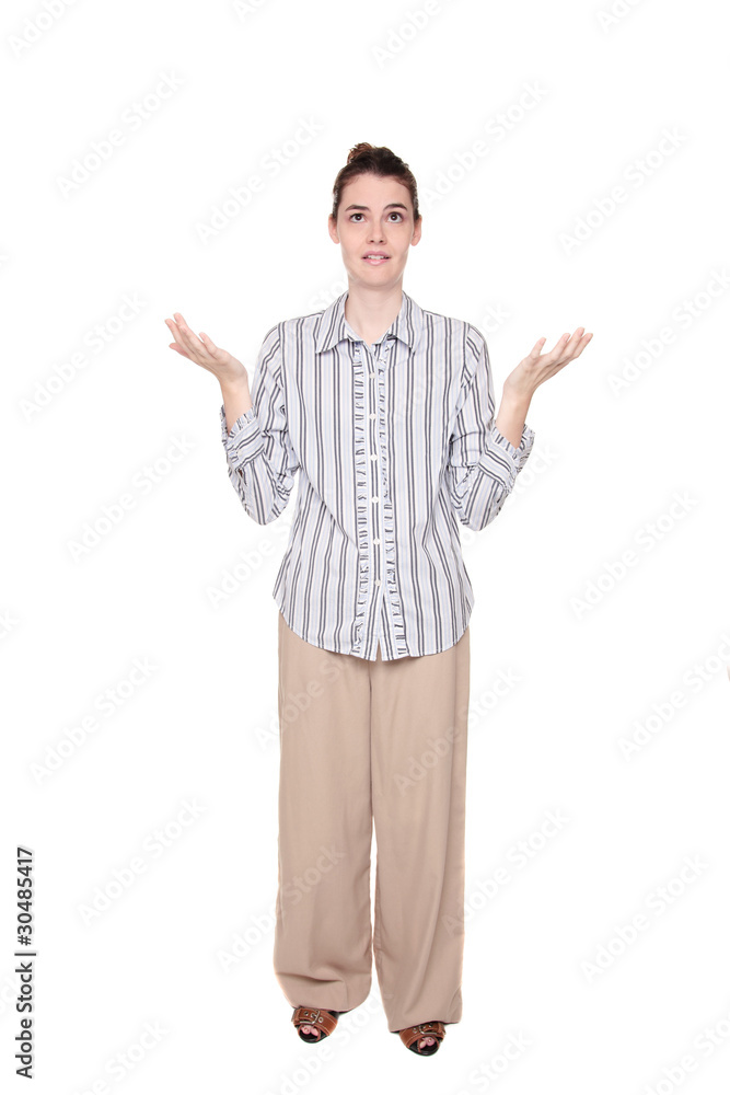 Disbelief - Caucasian woman looking up with arms raised Disbelief - Caucasian woman looking up with arms raised