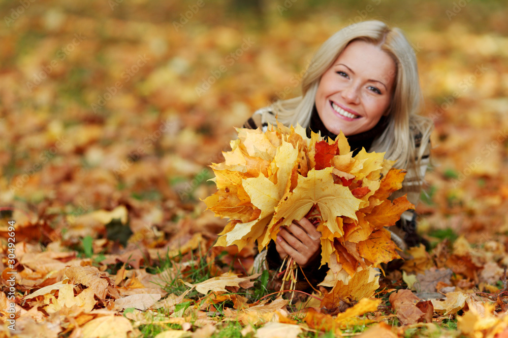 woman portret in autumn leaf woman portret in autumn leaf