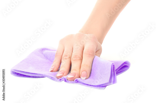 Hand with clean rag on white background