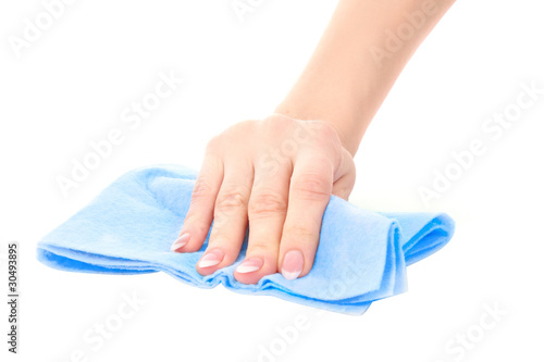 Hand with clean rag on white background