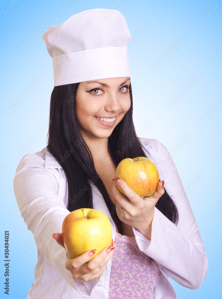 Healthy eating or lifestyle concept. Smiling woman doctor with a Healthy eating or lifestyle concept. Smiling woman doctor with a