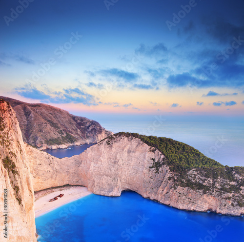 Panorama of Zakynthos island,Greece and a shipwreck on the beach