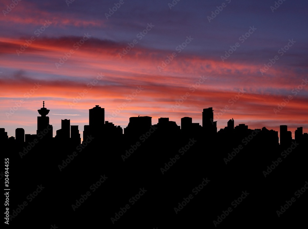 Vancouver skyline at sunset with beautiful sky illustration