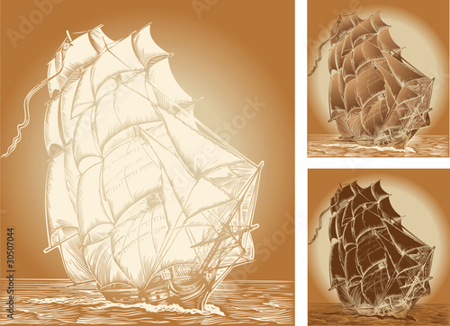 set of color backgrounds with old ship