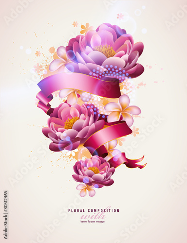 colorful floral composition with watercolor splats and banner