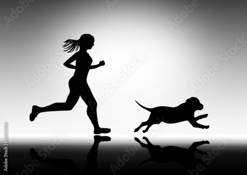 girl running with dog, vector image