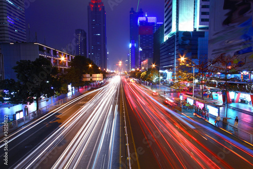 The light trails on the modern building in Shenzhen, China.