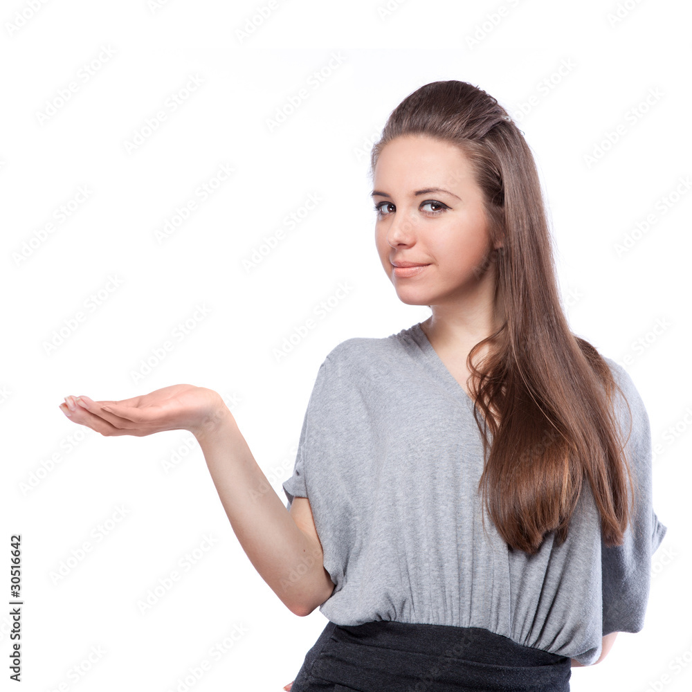 portrait of smiling woman with hand isolated on white portrait of smiling woman with hand isolated on white