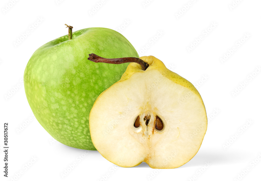 Isolated fruits. Green apple and half of yellow pear isolated on white background Isolated fruits. Green apple and half of yellow pear isolated on white background