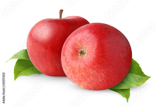Isolated apples. Two red apple fruits with leaves isolated on white background