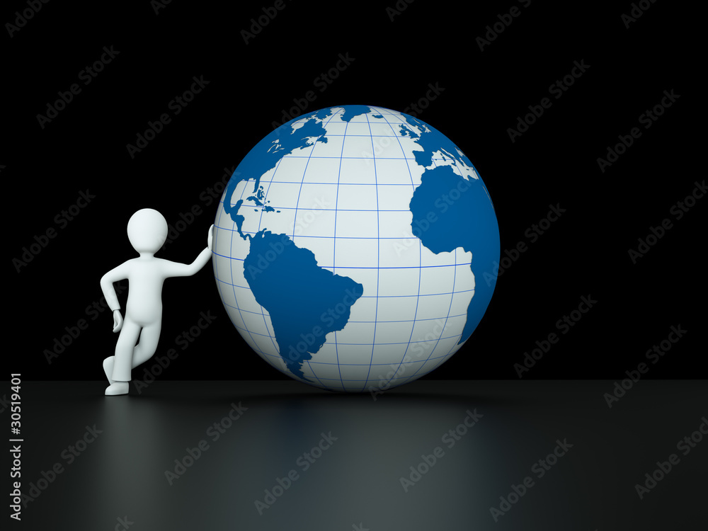 A 3d character with blue globe on reflective black background