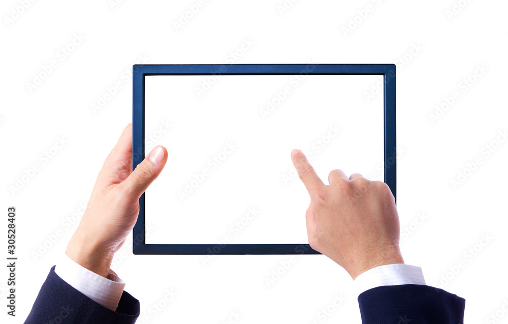 hand of business man holding and touching on touch pad hand of business man holding and touching on touch pad