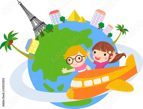 Boy and girl on a plane have travel
