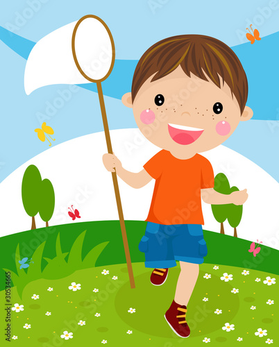 Illustration of nice little boy with butterfly net