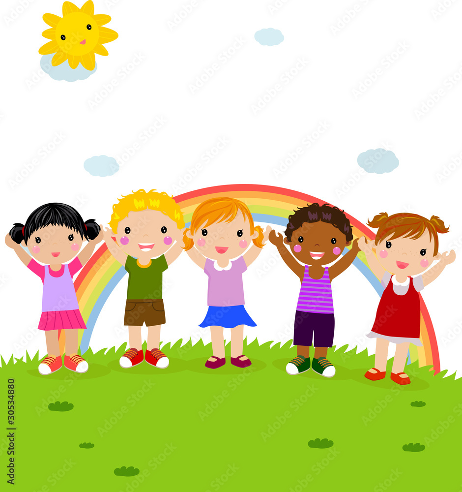 group of happy children in the park with rainbow