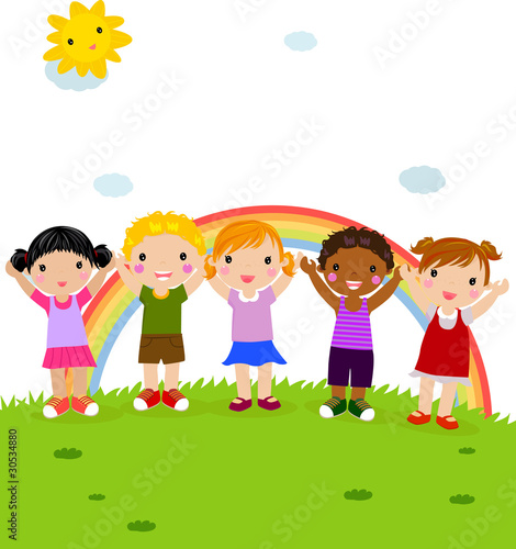 group of happy children in the park with rainbow