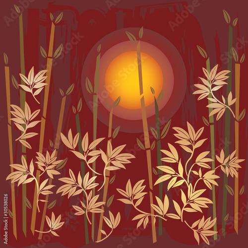 Paysage Oriental - Soleil Couchant - Tiges/Feuilles Bambou