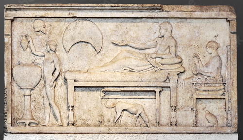Funerary stele with banquet scene. Sculpture from attic period