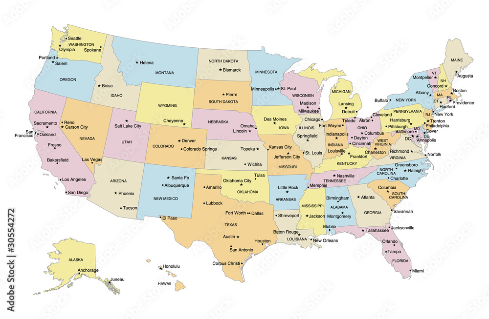 USA Map With Capital Cities Major Cities Labels Stock Adobe Stock