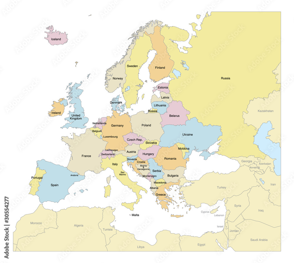 Europe Map with Countries & Labels Stock Vector | Adobe Stock