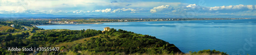 Mediterranean coastline panorama with the seaside town of Argeles sur Mer in background, Roussillon plain, Pyrenees Orientales, France
