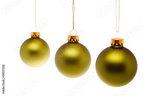 Pastel Green Gold Christmas Balls Hanging Isolated