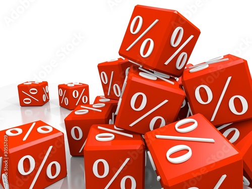 Symbols of percent on falling red cubes