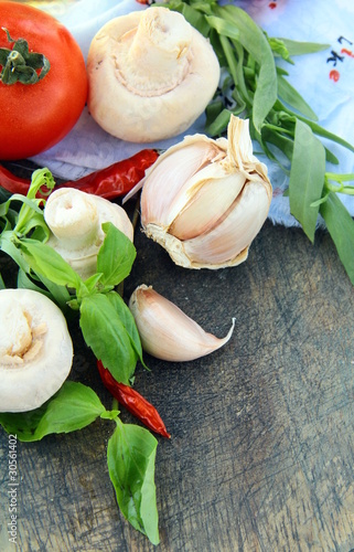 Fresh herbs  tomato, garlic, pepper, mushroom photo