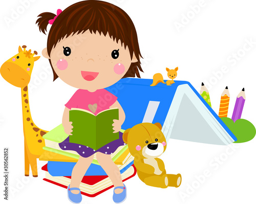 cute girl reading book and animal