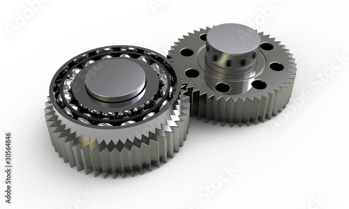 Gears and bearings on a white background