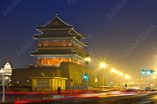 Night scene of ancient tower, qianmen, forbidden city photo