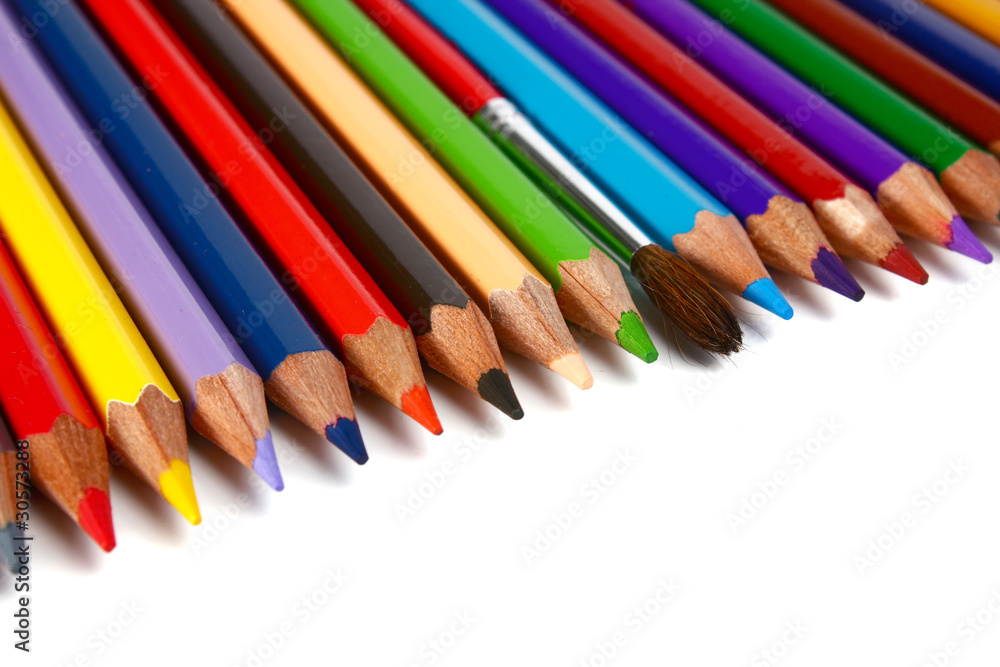 crayons coloured pencils and brush for paints crayons coloured pencils and brush for paints