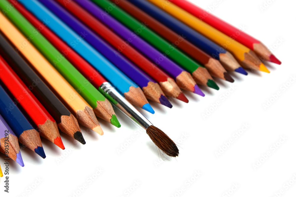 Fototapeta premium crayons coloured pencils and brush for paints