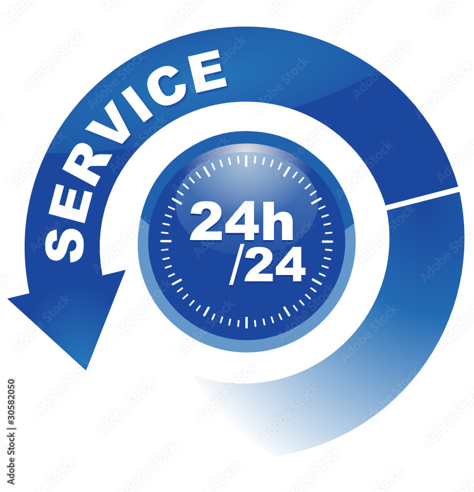 service 24h sur 24 sur vignette fléchée bleue service 24h sur 24 sur vignette fléchée bleue