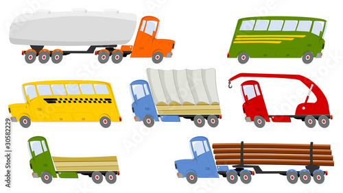 Collection of colorful trucks and buses
