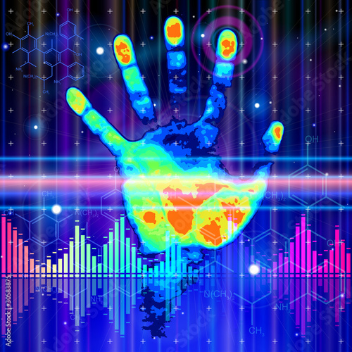 Thermal handprint, blue technology background, lights, chemical
