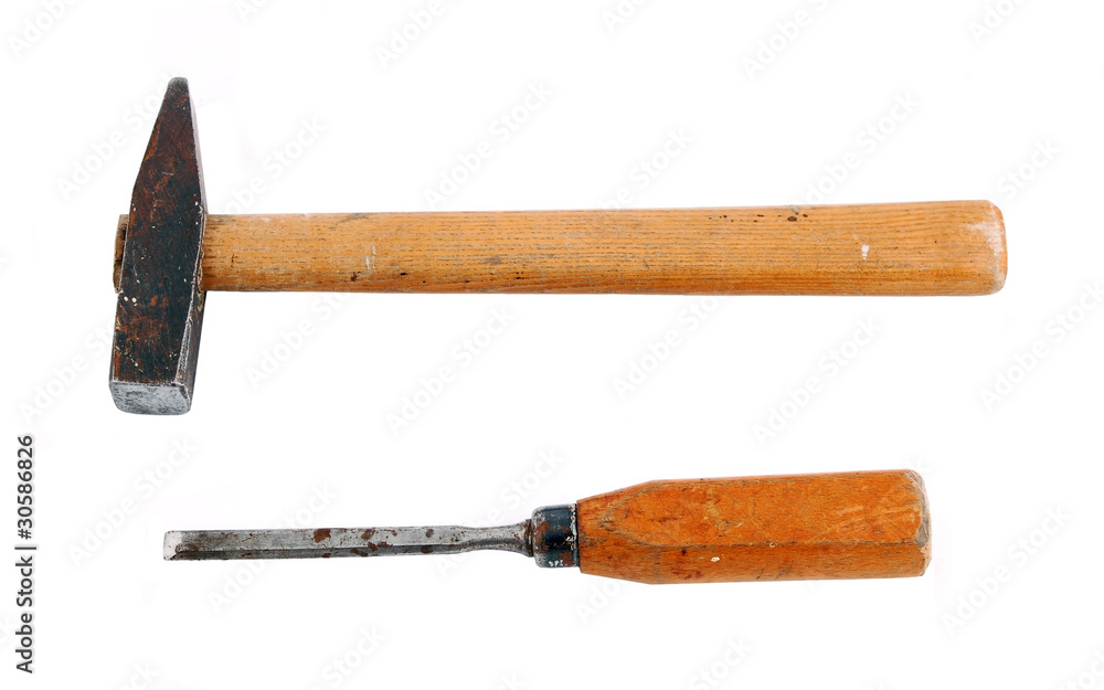 Old and rusty hammer and chisel, isolated on white background Old and rusty hammer and chisel, isolated on white background