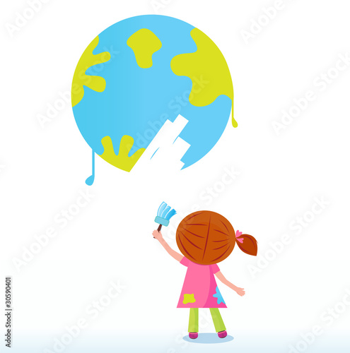 Little artist - child painting Earth ( planet, globe ). Vector