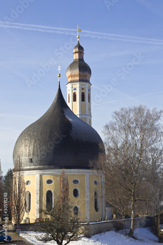 kirche mit zwiebelturm in oberbayern photo