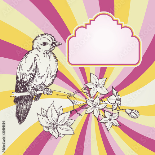 Retro spring backround; bird and jasmin branch