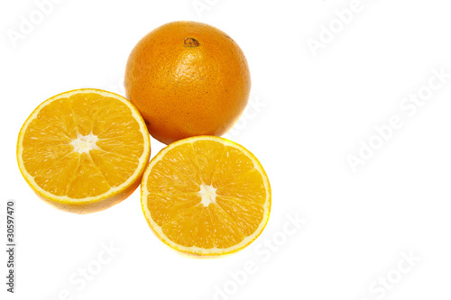 Whole and Two Half Oranges on White