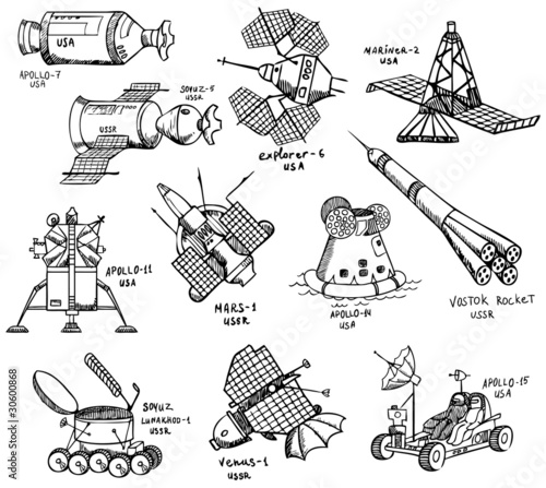 different USA and USSR spacecrafts with titles, vector