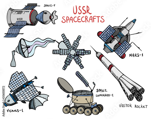 different USSR spacecrafts with titles, vector