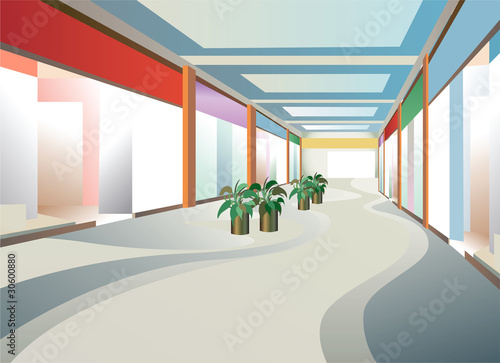 corridor in mall with windows, vector